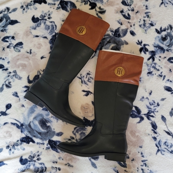 Tommy Hilfiger Shoes - Tommy Hilfiger Brown & Black Tall Logo Riding Boots Size 7.5